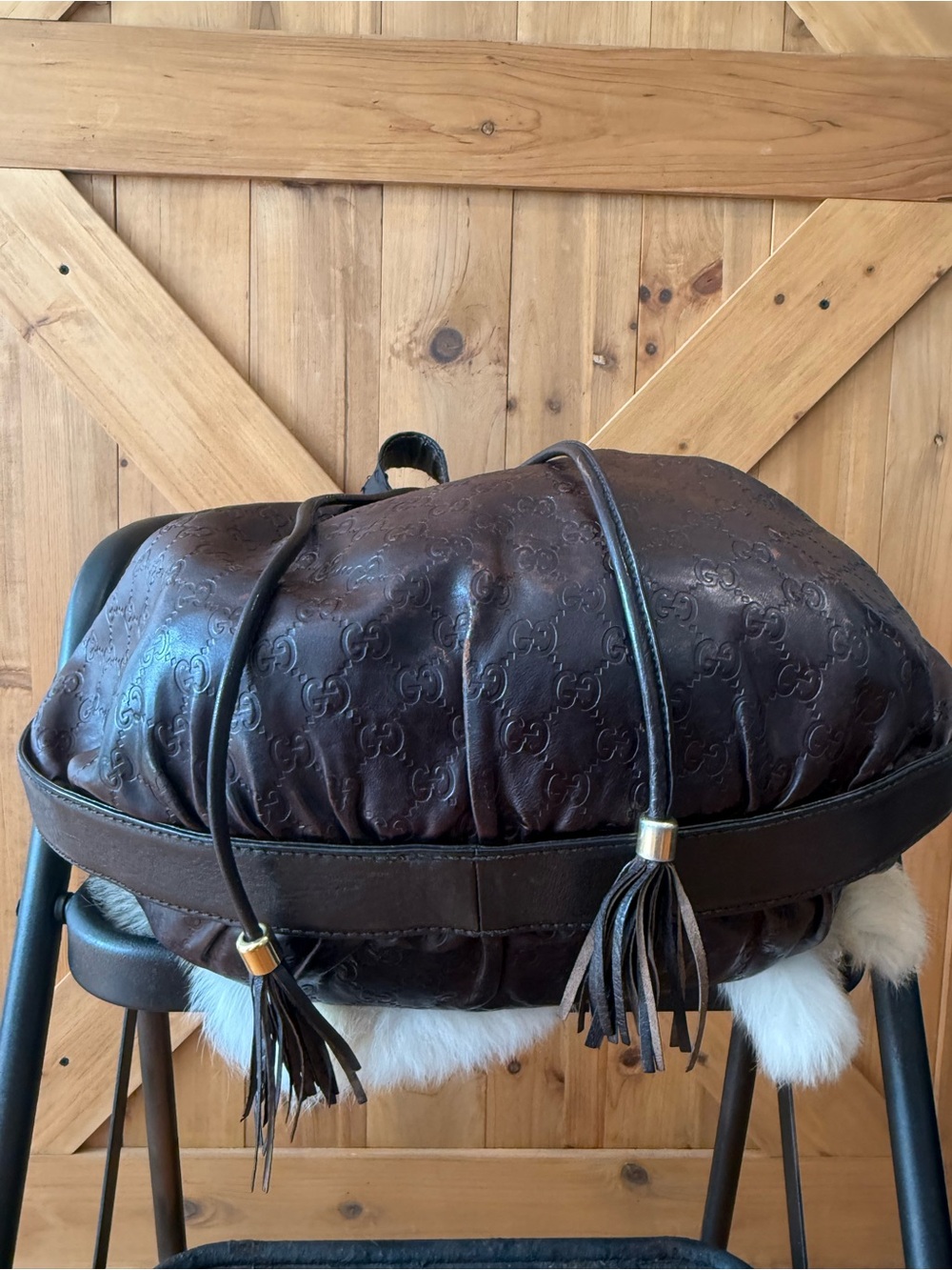 Gucci Dark Brown Embossed Leather Drawstring Hobo Bag - Picture 4 of 10